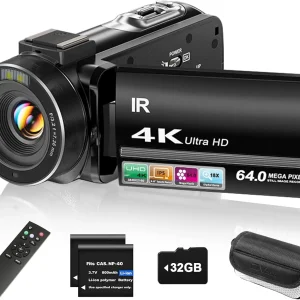 4K UHD Camcorder with 18x Zoom, Night Vision, Touchscreen
